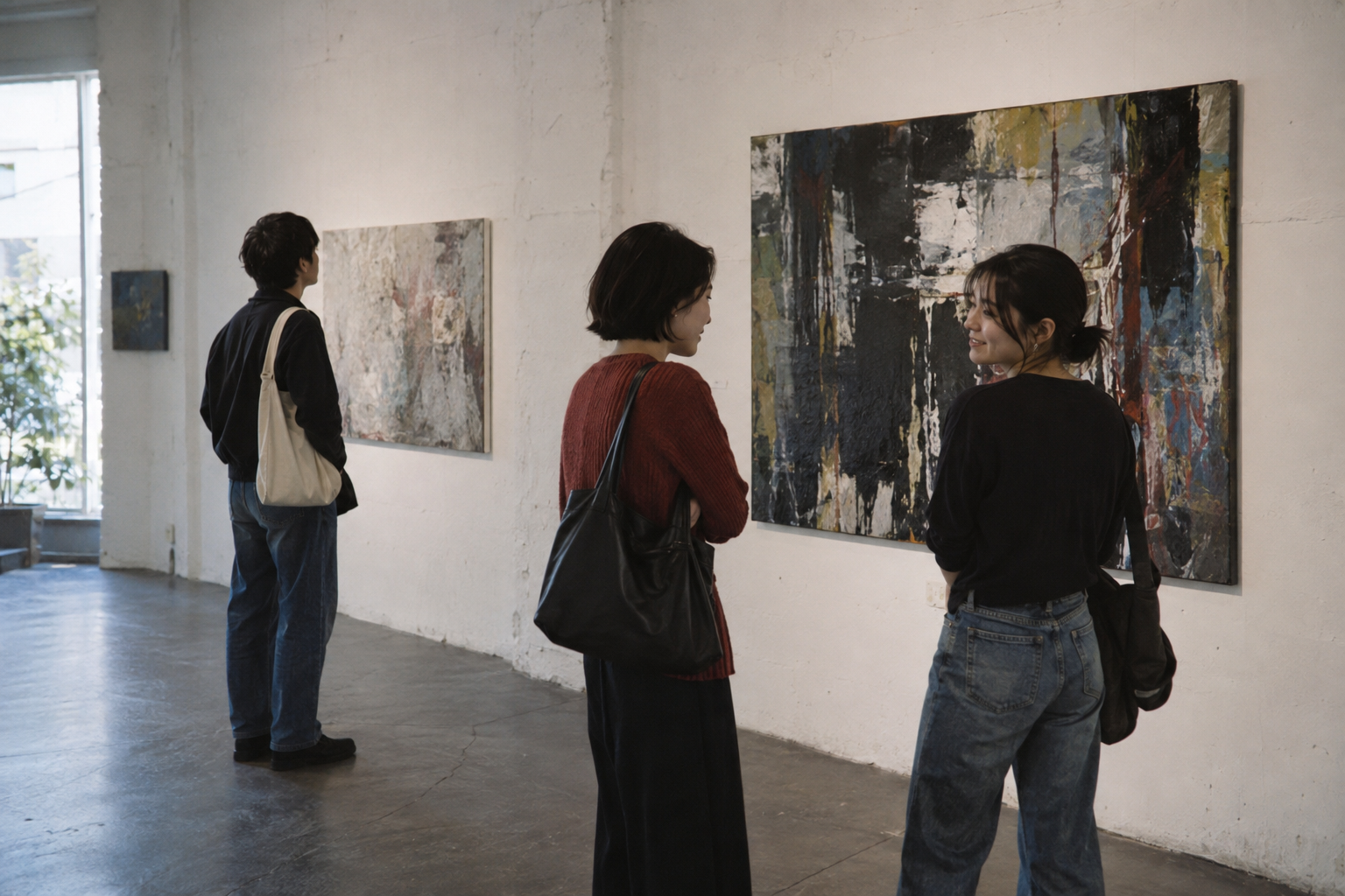 展示を眺めながら自然に会話する三人の友人のイメージ